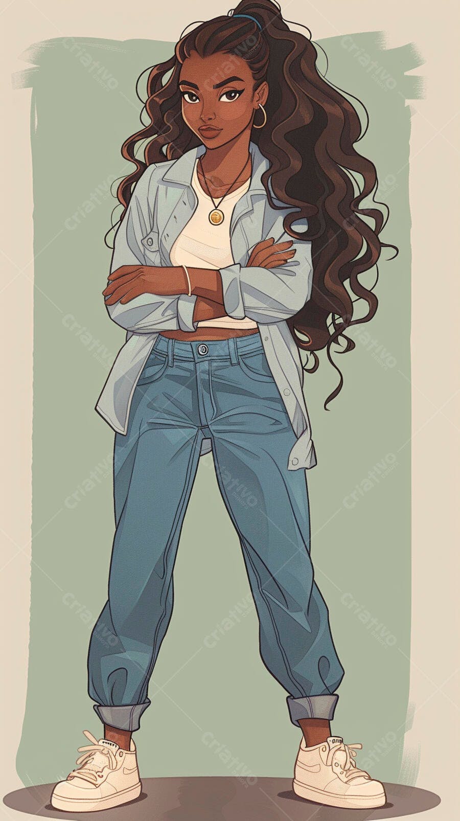 Mulher jovem parda de jeans azul e camisa jeans em pose confiante