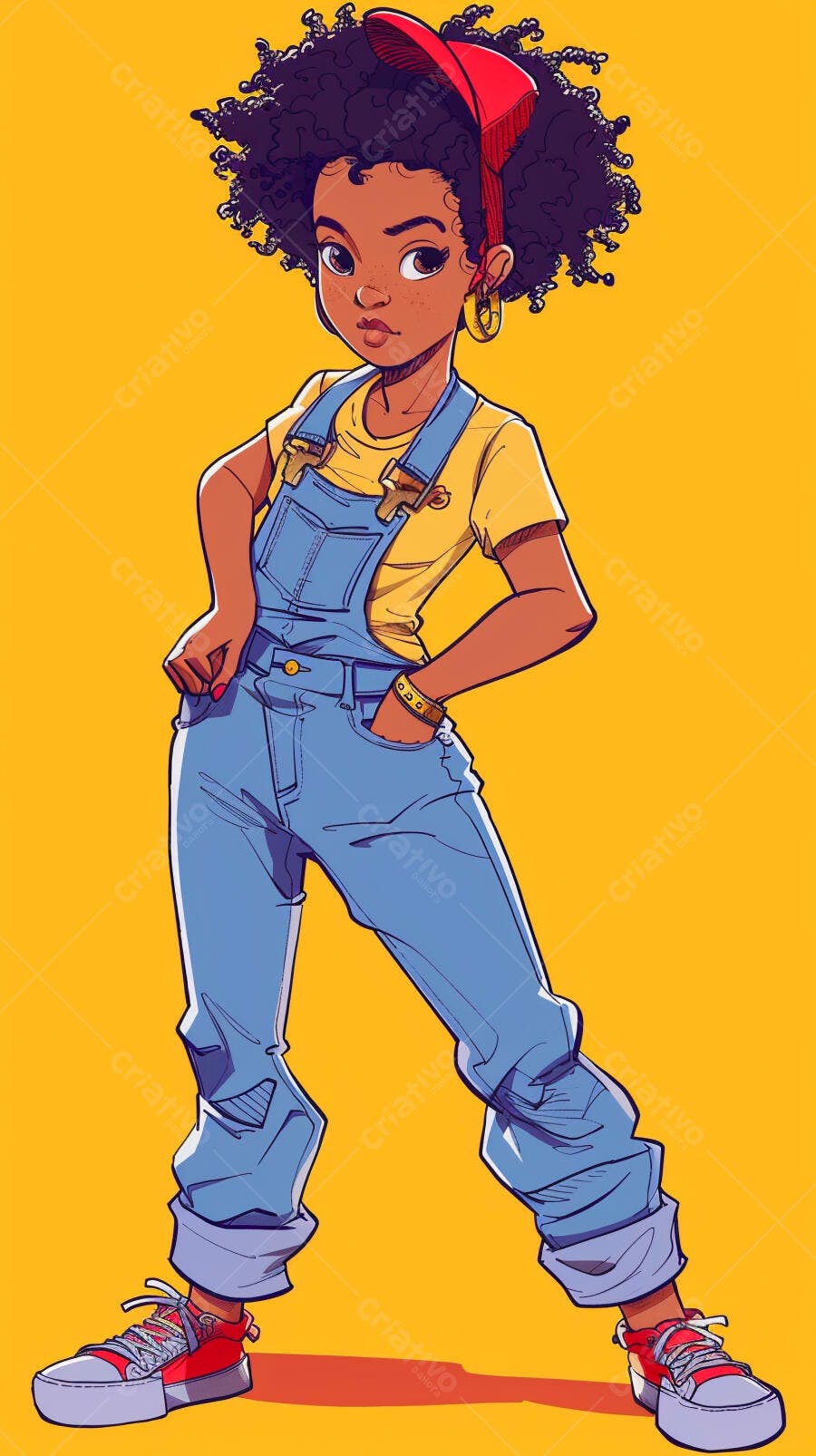 Menina negra de cabelo crespo macacão jeans e bandana vermelha em fundo amarelo