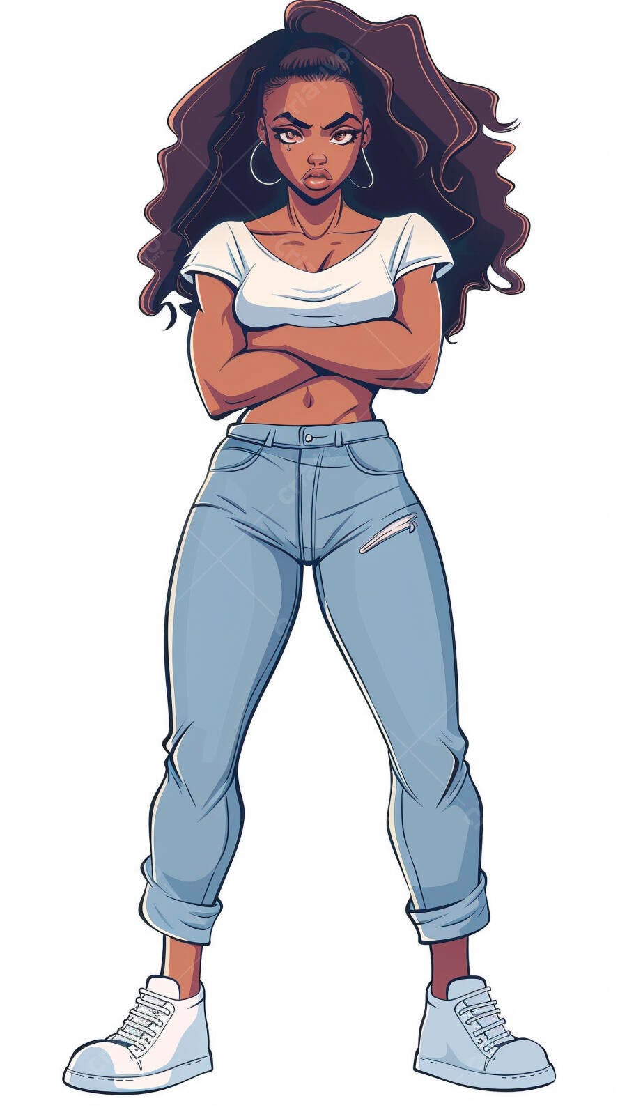 Mulher negra ilustrada de jeans e cropped com braços cruzados e olhar sério