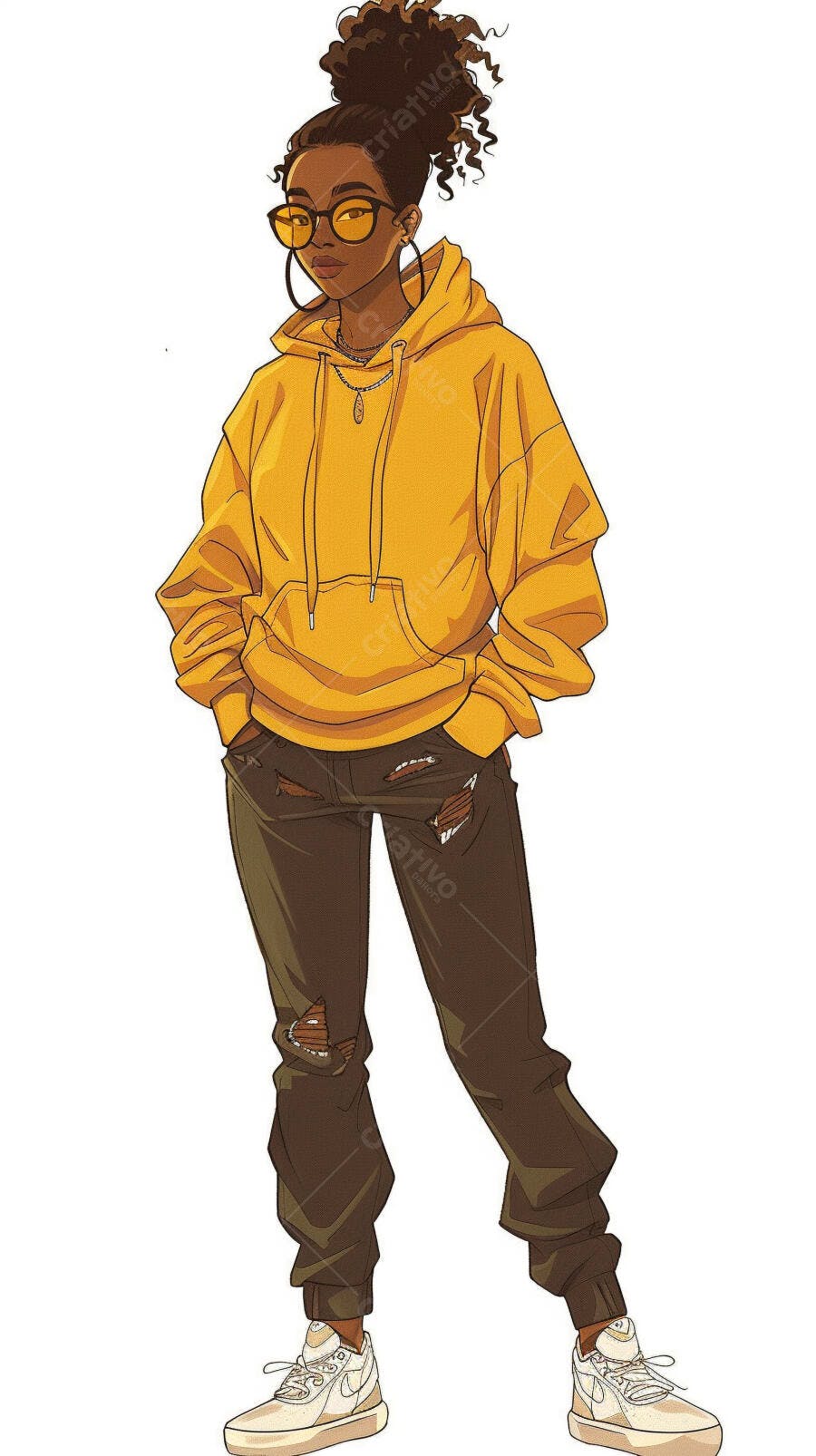 Mulher negra jovem moletom amarelo calça rasgada óculos estilo urbano