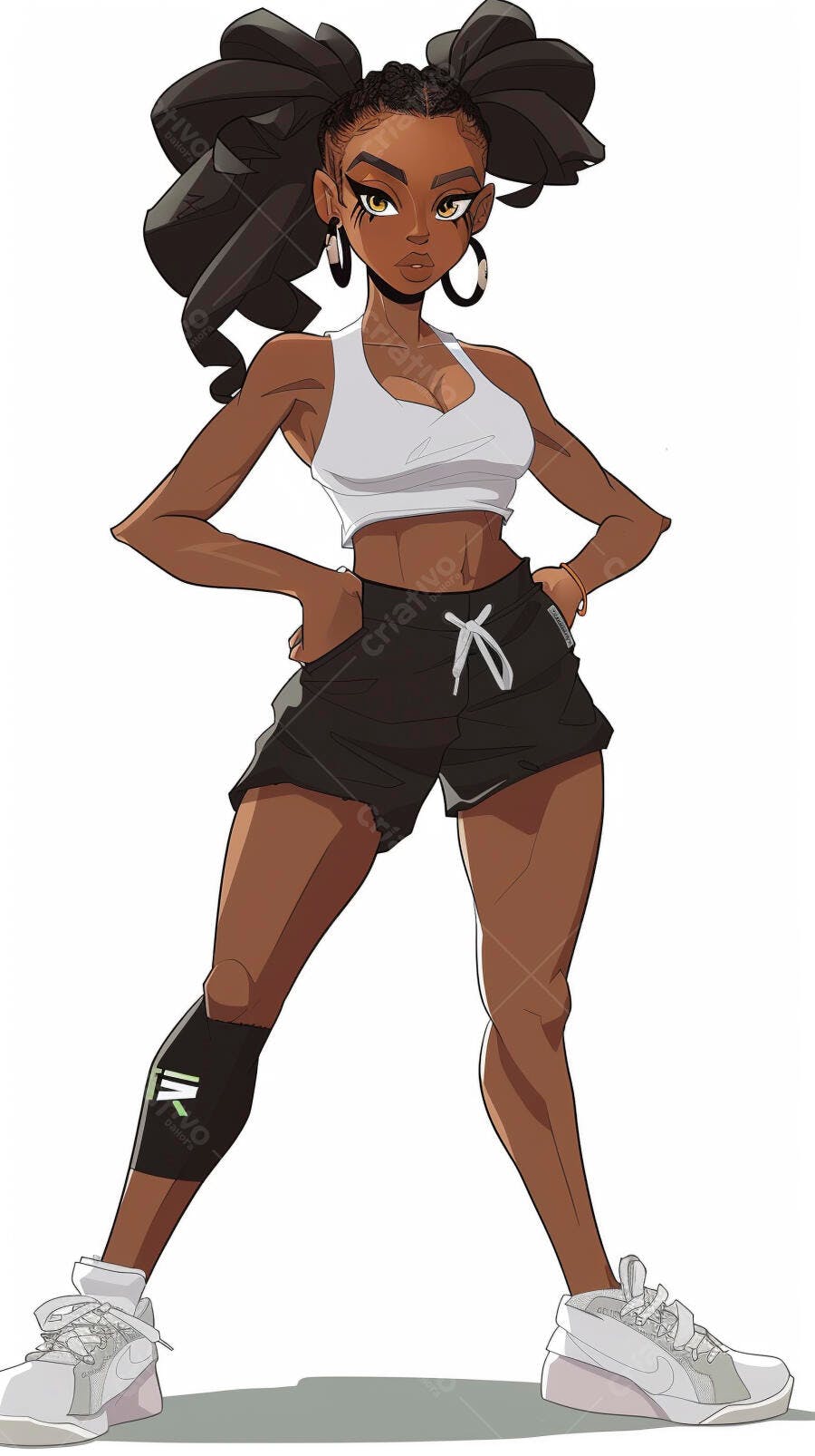 Mulher negra atleta confiante com top branco shorts pretos e manguito ilustração