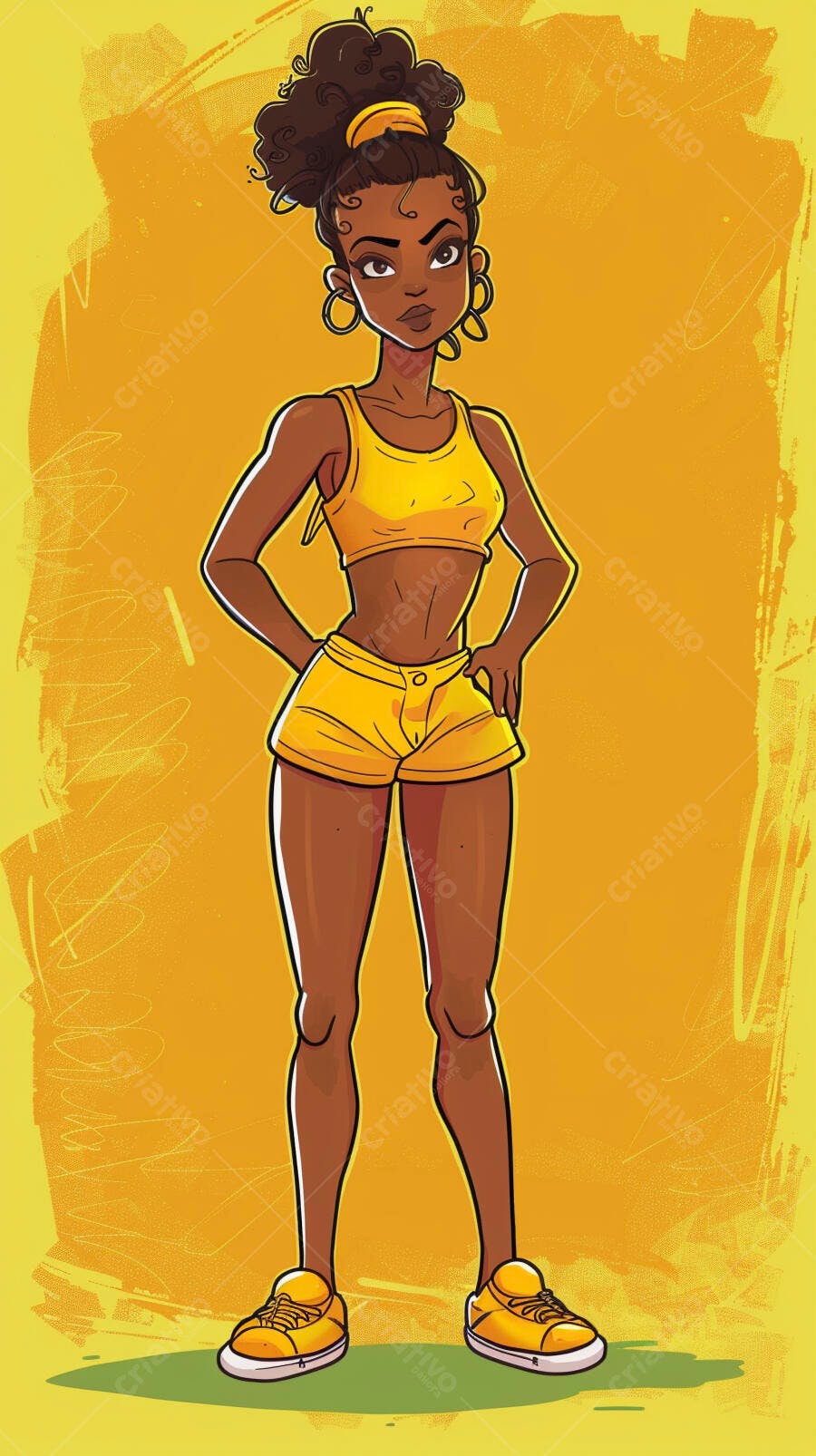 Mulher negra atlética com roupa esportiva amarela em fundo vibrante