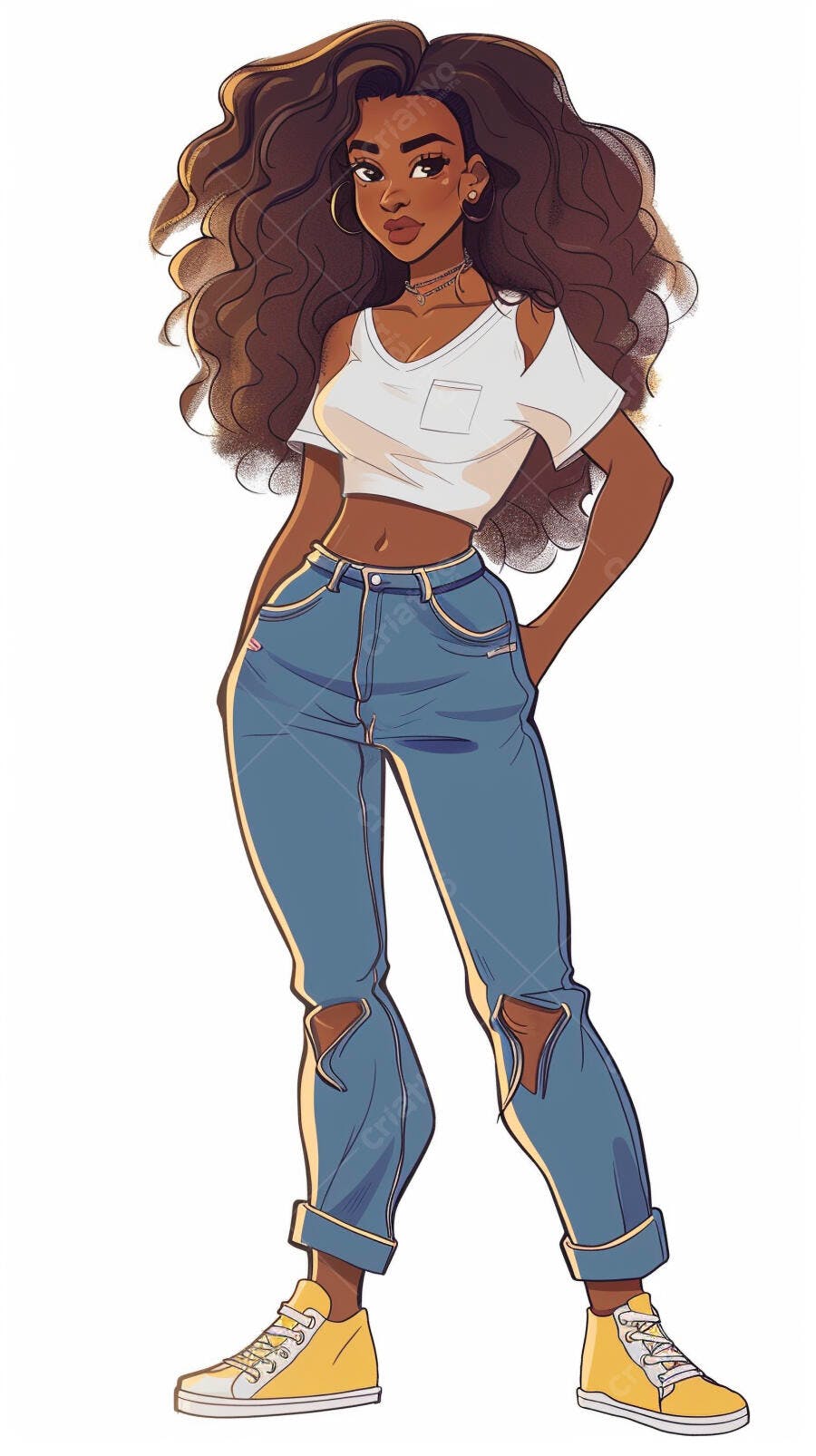 Mulher negra jovem com cabelo cacheado top branco e jeans rasgado ilustração vibrante