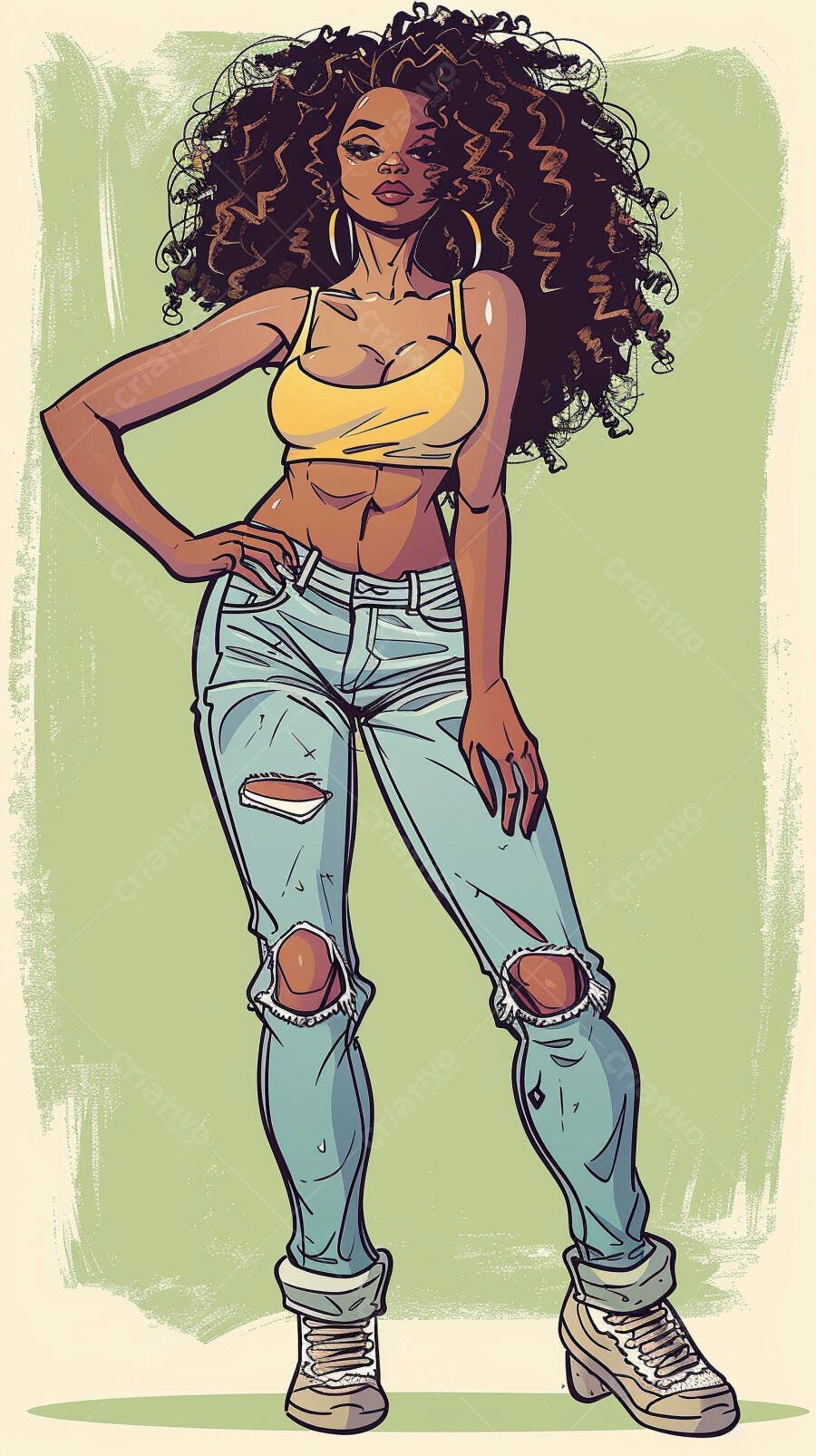 Mulher negra estilosa com cabelo cacheado top amarelo e jeans rasgado posando