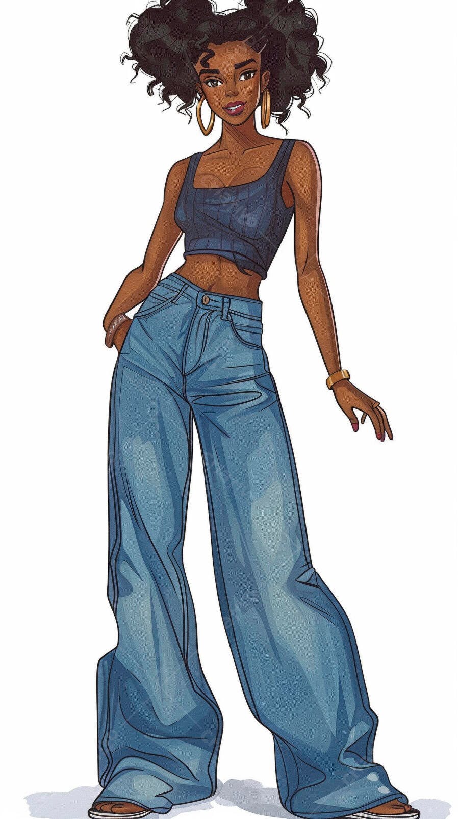 Mulher negra sorridente com cabelo cacheado top azul e jeans largo moda casual