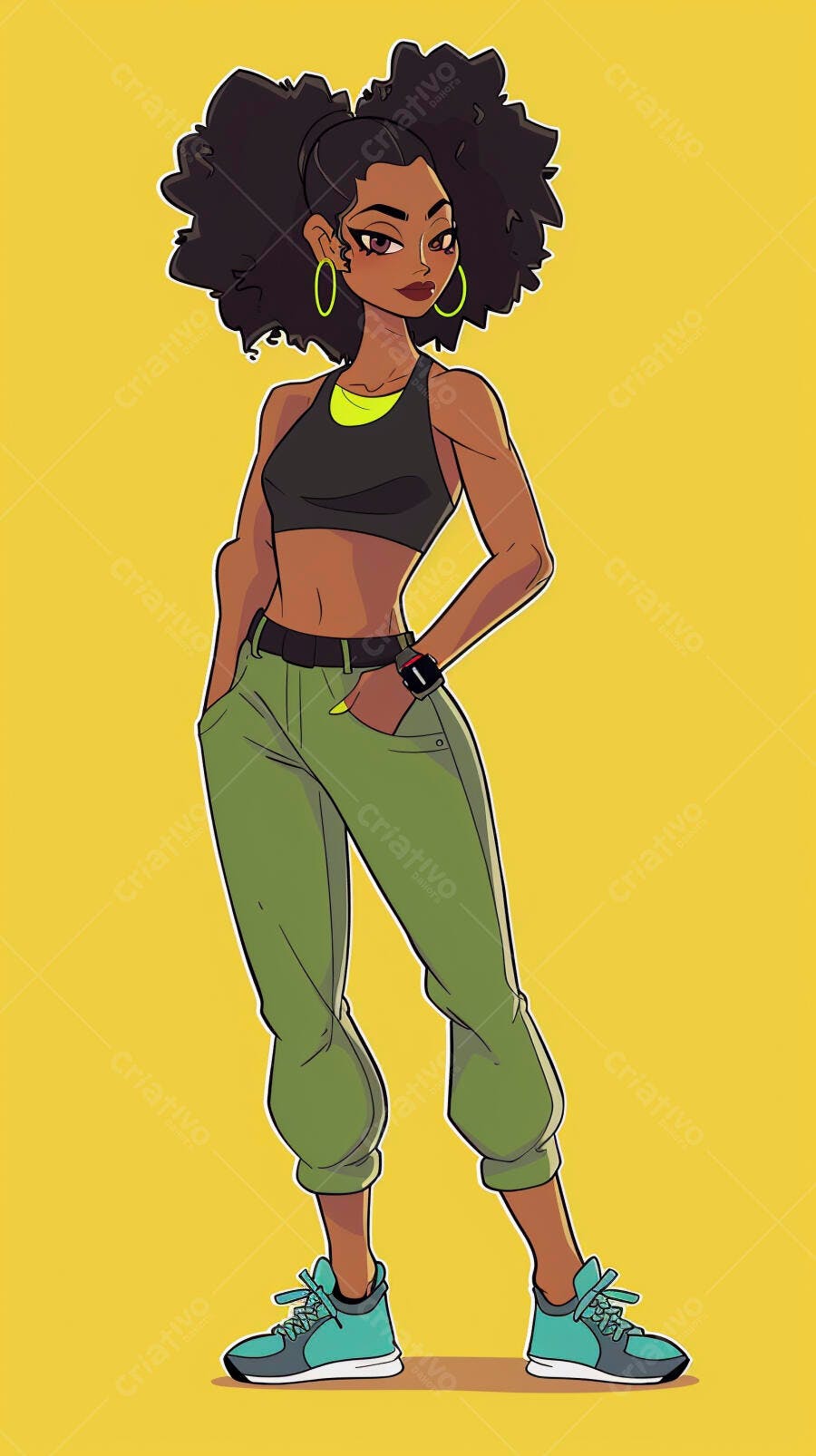 Mulher negra com cabelo afro usando top preto calça verde e tênis em fundo amarelo vibrante