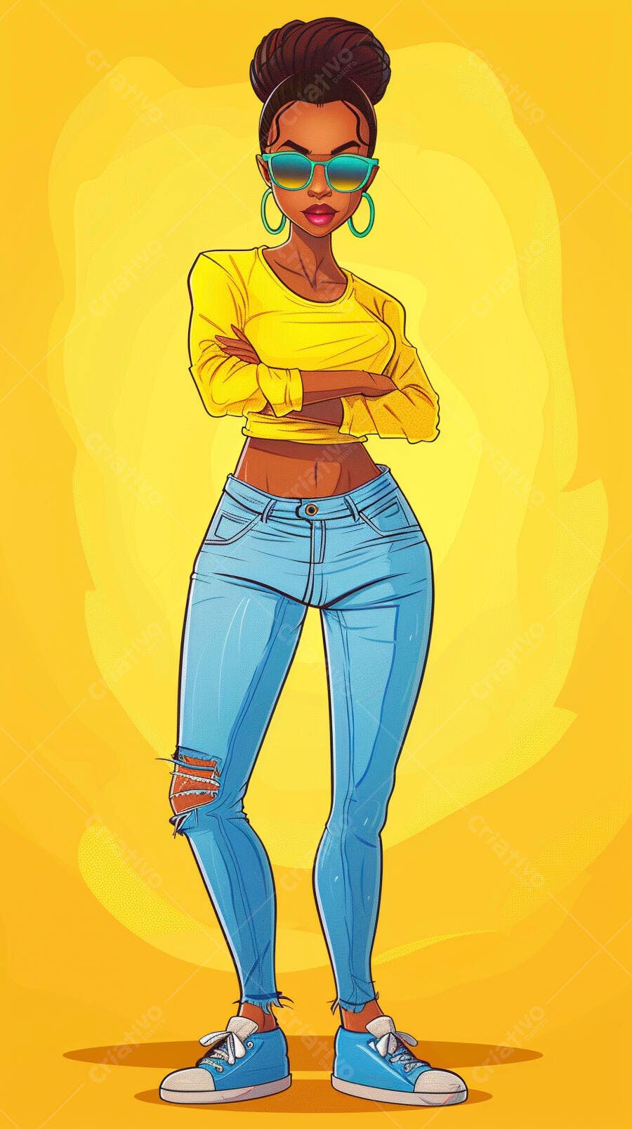 Mulher negra confiante com blusa amarela e jeans rasgado em fundo vibrante