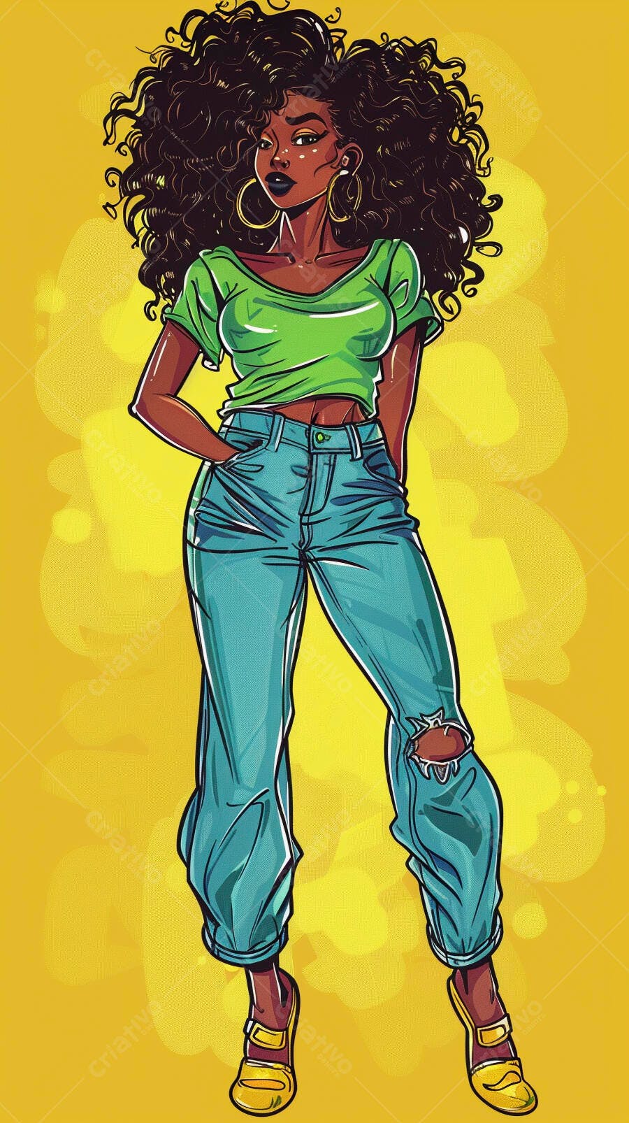 Ilustração de mulher negra confiante cabelo cacheado verde jeans rasgados
