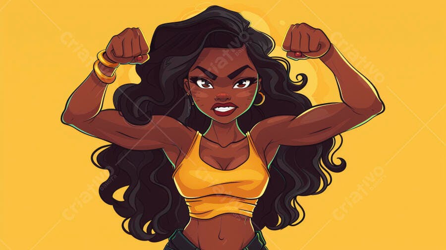 Mulher negra forte flexionando bíceps com expressão determinada em fundo amarelo
