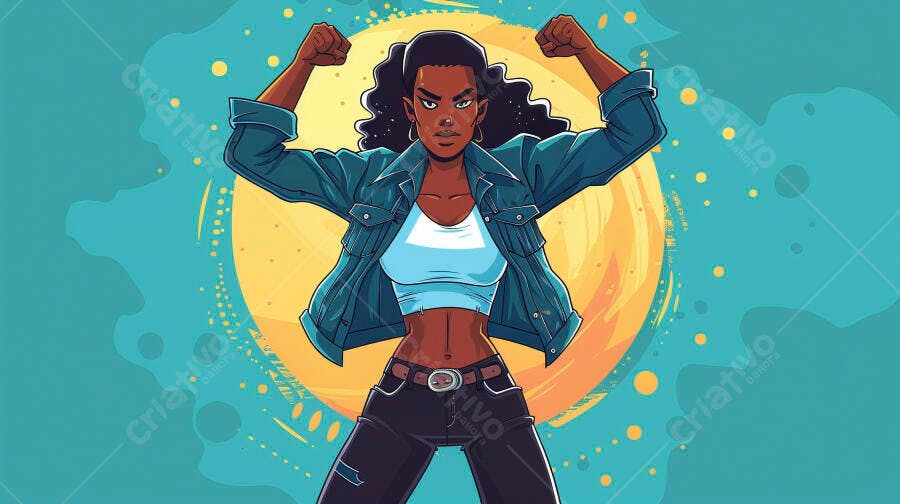 Mulher negra forte de jaqueta jeans mostrando músculos em fundo vibrante