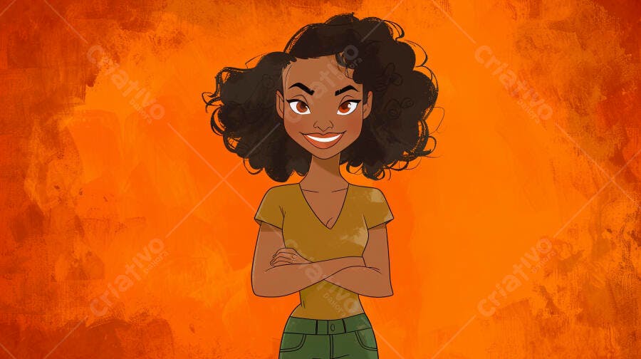 Mulher negra sorrindo de cabelos cacheados com camisa verde-oliva e fundo laranja