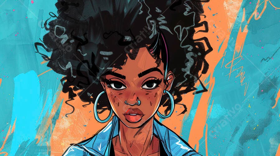Mulher negra confiante cabelo afro jaqueta jeans fundo abstrato vibrante
