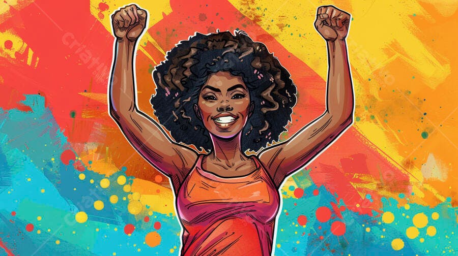 Mulher negra sorrindo com braços erguidos em celebração colorida