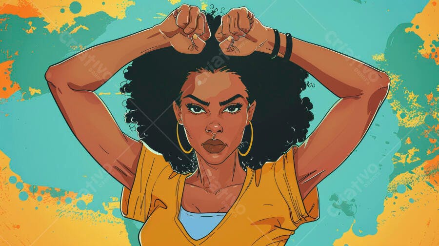 Mulher negra com cabelo afro e punhos cerrados em atitude de poder