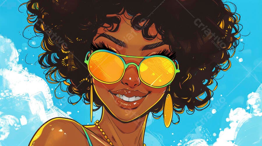 Mulher negra sorridente óculos de sol coloridos cabelo cacheado em dia ensolarado