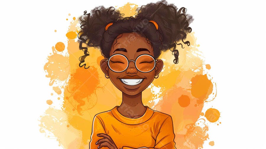 Menina negra feliz de cabelo encaracolado e óculos laranja sorrindo com braços cruzados