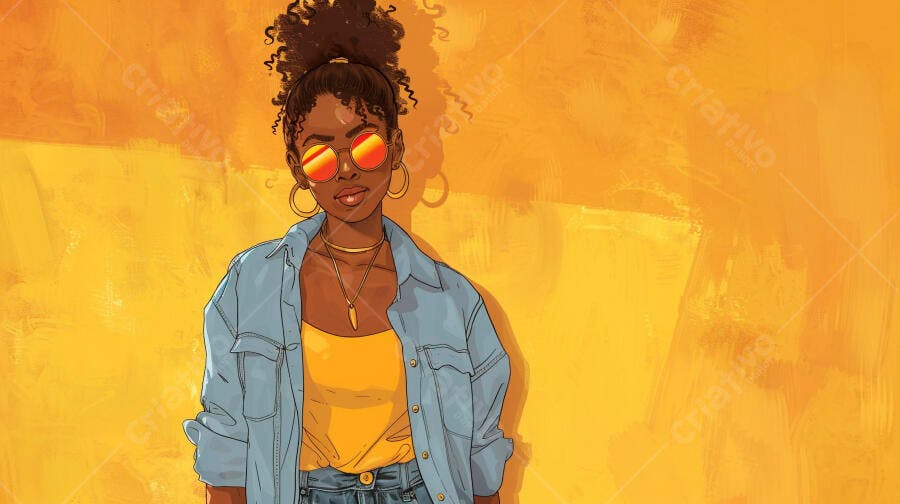 Mulher negra jovem estilosa com óculos de sol e jaqueta jeans em fundo amarelo