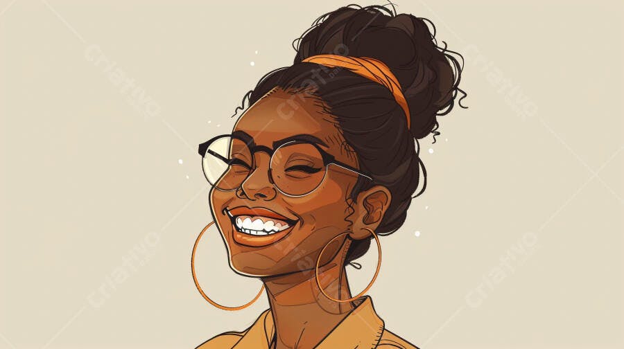 Mulher negra com óculos sorrindo feliz em tons de marrom e laranja ilustração