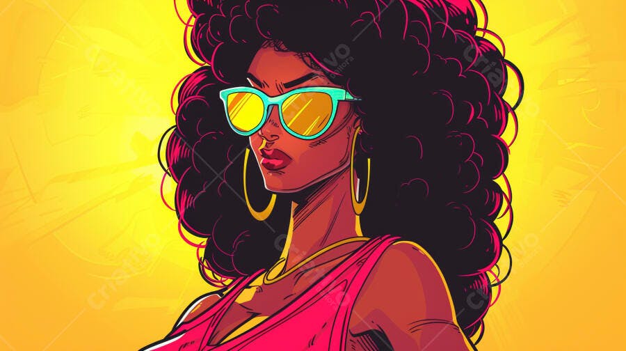 Mulher negra confiante com óculos de sol em fundo vibrante amarelo e rosa