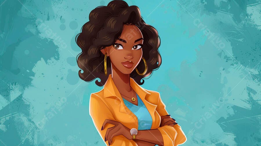 Mulher negra profissional confiante com blazer amarelo e cabelos cacheados