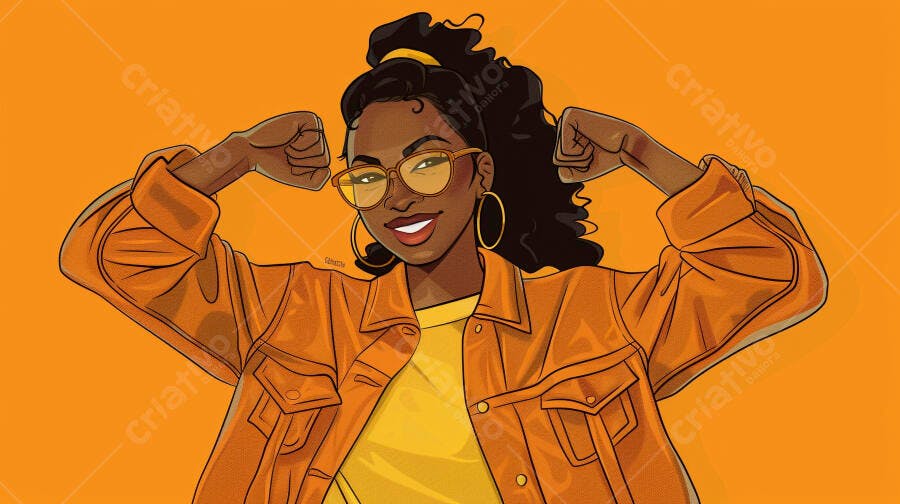 Mulher negra confiante de óculos amarelos flexionando braços sorrindo em fundo laranja