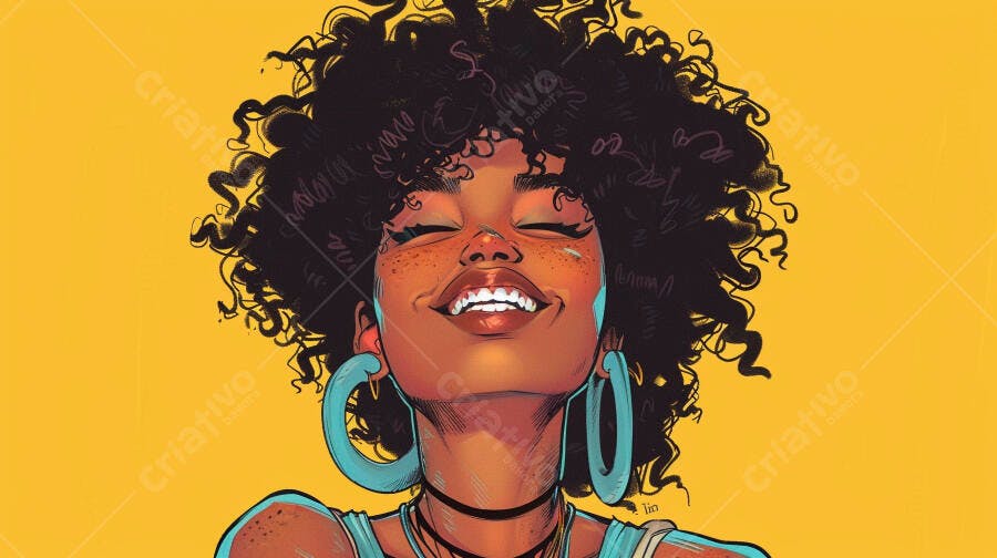 Mulher negra de cabelo cacheado sorrindo feliz com fundo amarelo vibrante