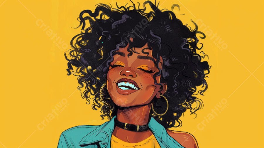 Mulher negra de cabelo cacheado sorrindo com jaqueta turquesa em fundo amarelo vibrante