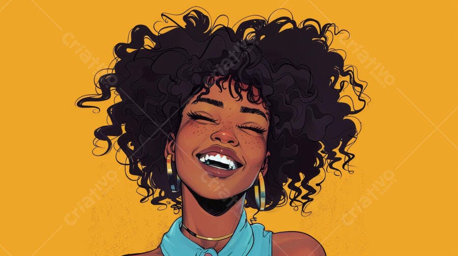 Mulher negra de cabelo cacheado sorrindo feliz com olhos fechados em fundo amarelo