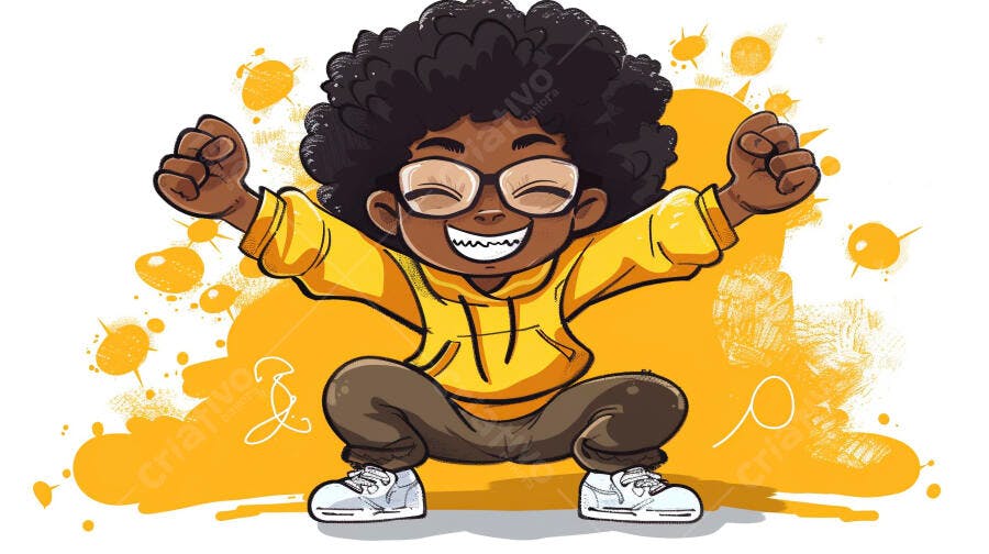 Criança negra feliz de óculos e moletom amarelo celebrando com energia