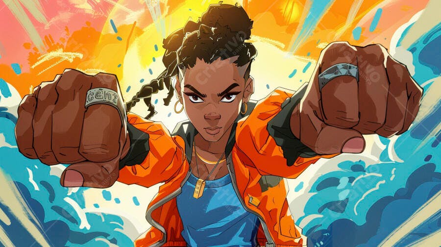 Mulher negra poderosa de jaqueta laranja com punhos cerrados ilustração vibrante