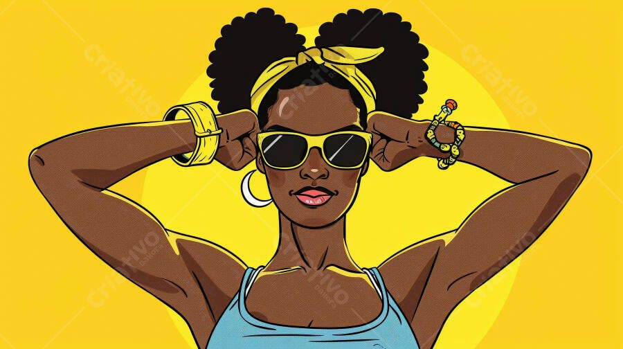 Mulher negra com cabelo afro óculos de sol amarelos bandana e blusa azul claro em fundo vibrante