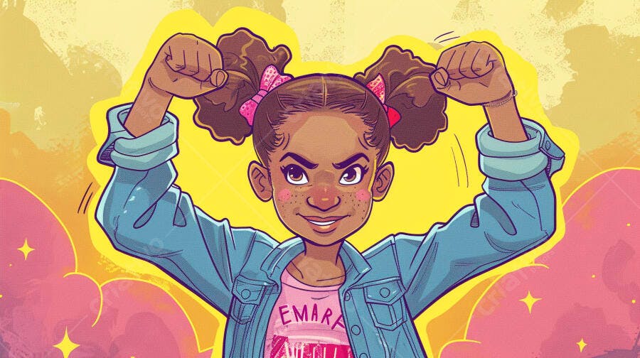 Menina negra sorrindo com jaqueta azul e laços rosa exibindo força