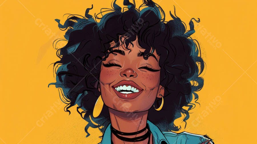 Mulher negra sorrindo feliz cabelo crespo jaqueta jeans fundo amarelo