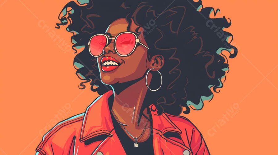 Mulher negra estilosa sorrindo com óculos vermelhos e jaqueta laranja ilustração