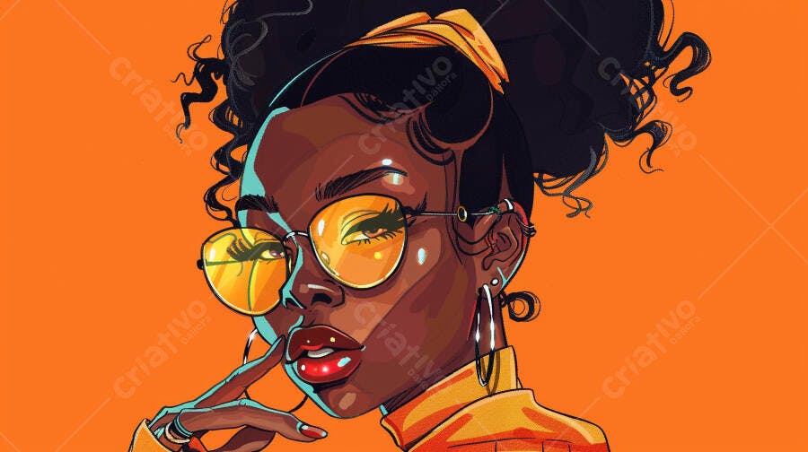 Mulher negra estilosa com óculos amarelo escuro e fundo laranja vibrante