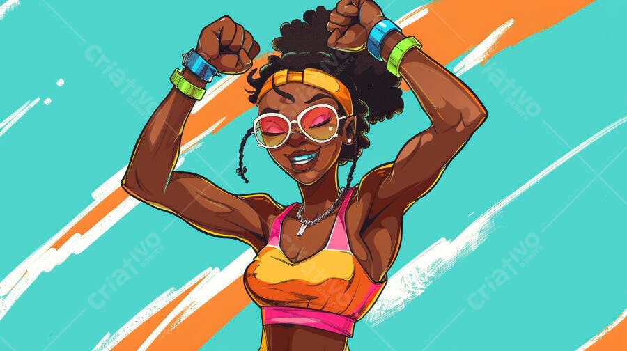 Mulher negra enérgica sorrindo com braços levantados em ilustração vibrante colorida