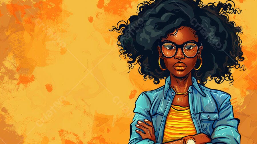 Mulher negra confiante de óculos cabelo afro jaqueta jeans em fundo laranja amarelo