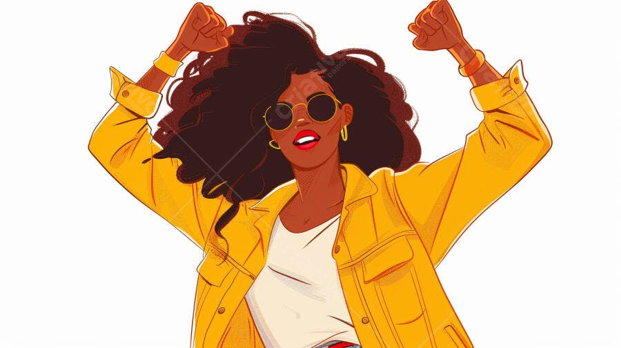 Mulher negra feliz jaqueta amarela cabelos cacheados braços erguidos