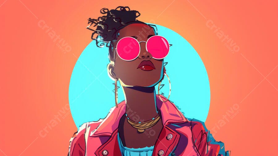 Mulher negra estilosa com óculos rosa e jaqueta em fundo laranja vibrante