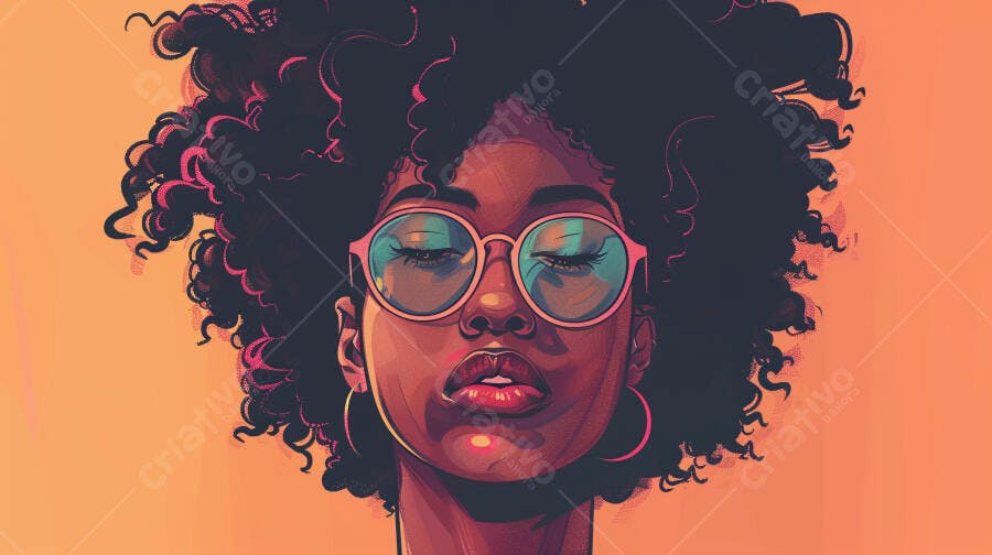 Mulher negra com cabelo afro cacheado e óculos redondos rosa em fundo laranja