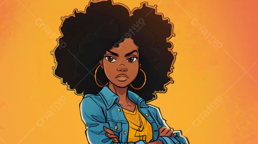 Mulher negra com cabelo afro usando jaqueta jeans azul e argolas douradas