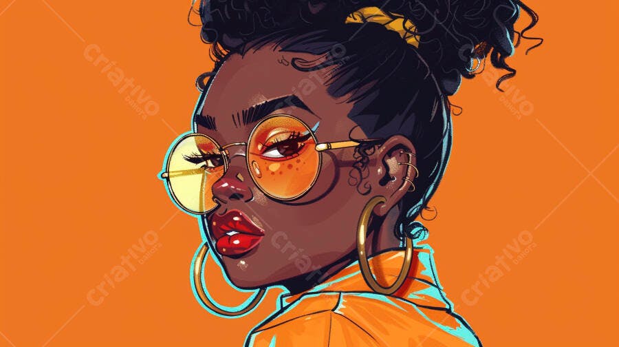 Mulher negra estilosa cabelo crespo óculos redondos e fundo laranja