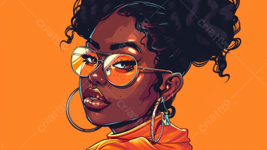 Mulher negra estilosa com óculos de sol redondos e argolas grandes em fundo laranja vibrante