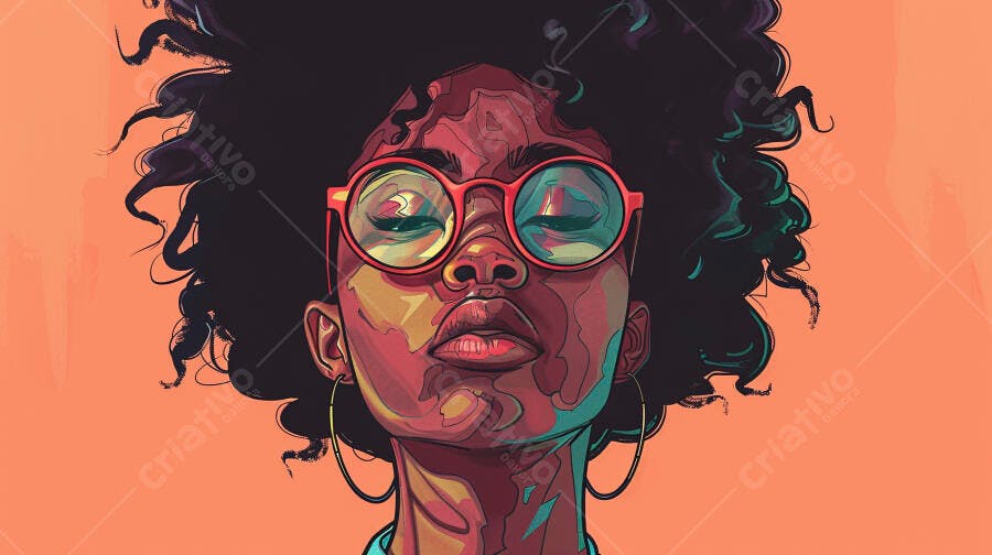 Mulher negra com óculos vermelhos e cabelo afro em estilo pop art