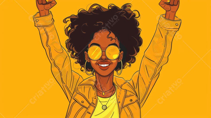 Mulher negra sorrindo com punhos erguidos em jaqueta amarela vibrante