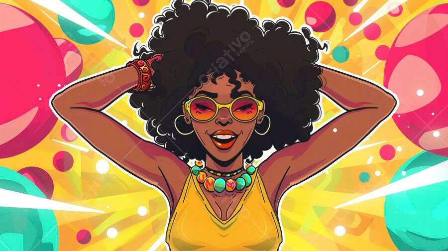 Mulher negra sorrindo com óculos amarelos e cabelo afro em fundo vibrante de verão