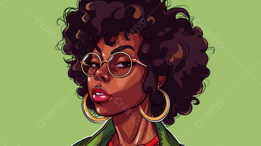 Mulher negra estilosa de óculos e cabelo afro em fundo verde