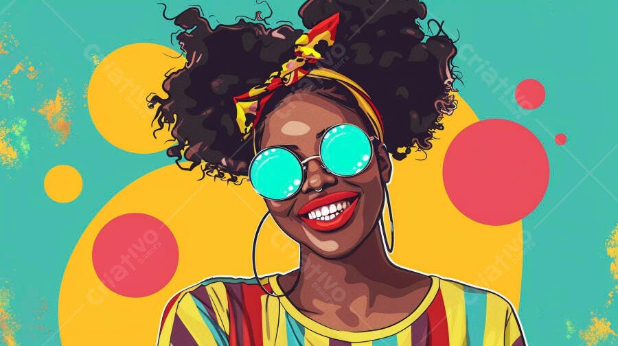 Mulher negra sorrindo com cabelo afro óculos turquesa e cores vibrantes pop art