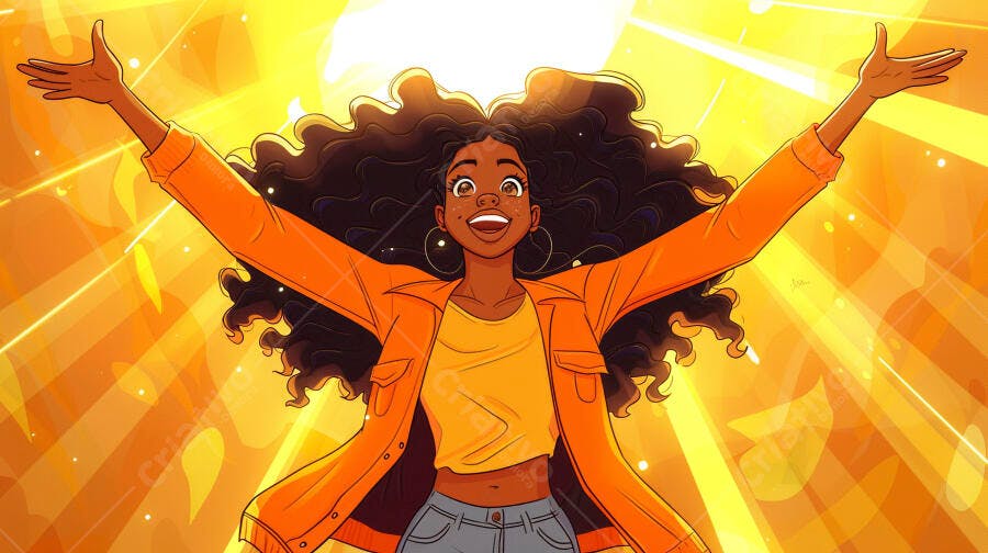 Jovem mulher negra feliz com braços abertos em explosão de luz dourada ilustração