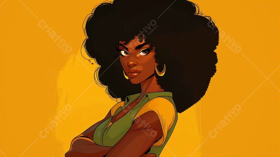 Mulher negra de cabelo afro e camisa verde posando com braços cruzados em fundo amarelo